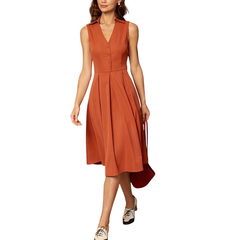 RIHOAS Button Sleeveless Midi Dress‎ Large V-Neck Collared Rust Red Fit & Flare